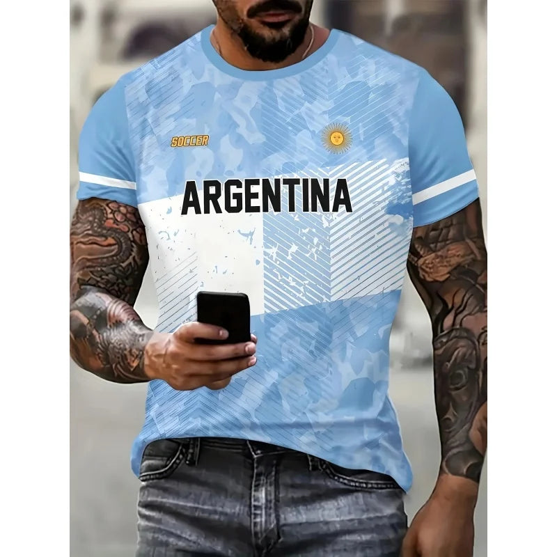🇦🇷 ⚽ Argentina Landslagströja – 3D T-shirt med Nationellt Emblem | Perfekt för Fotbollsfans🏆⚽
